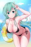  aqua_eyes aqua_hair ass ass_visible_through_thighs beach bikini black_bikini breasts cleavage collarbone day hair_ornament hairclip highres inflatable_toy kantai_collection kirikan large_breasts leaning_forward long_hair looking_at_viewer navel outdoors side-tie_bikini skindentation smile solo standing suzuya_(kantai_collection) swimsuit twisted_torso v 