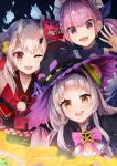  3girls :d ;d bangs bell blue_bow blurry blurry_foreground bow braid brown_eyes capelet coin collarbone commentary_request depth_of_field eyebrows_visible_through_hair ghost gold hair_bell hair_bun hair_ornament hands hat highres hololive horns japanese_clothes jingle_bell kimono konkito long_hair looking_at_viewer low_twintails maid_headdress mask mask_on_head minato_aqua multicolored_hair multiple_girls murasaki_shion nakiri_ayame one_eye_closed oni oni_horns oni_mask open_mouth pink_bow pink_hair purple_eyes purple_hair red_eyes red_kimono ribbon round_teeth sidelocks silver_hair simple_background smile star teeth treasure twintails upper_teeth v-shaped_eyebrows virtual_youtuber witch_hat 