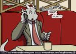  anthro clothed clothing comic dialogue digital_media_(artwork) dragon english_text fin head_fin horn male naughtymorg necktie phone restaurant sitting suit text 