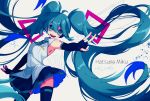  absurdly_long_hair aqua_eyes aqua_hair character_name cowboy_shot elbow_gloves fingerless_gloves gloves halgase hatsune_miku headset highres long_hair necktie open_mouth outstretched_arm pleated_skirt skirt solo thighhighs twintails v very_long_hair vocaloid white_background wings 