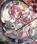  77gl fantasy flower hair_ornament hair_over_one_eye hair_ribbon leaning_forward leotard long_hair off_shoulder pink_hair pointy_ears ribbon scythe shingeki_no_bahamut skeleton smile solo standing teeth wrist_cuffs yellow_eyes 