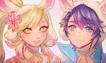  1girl alfonse_(fire_emblem) animal_ears blonde_hair blue_hair blush brother_and_sister bunny_ears bunny_girl cape fire_emblem fire_emblem_heroes green_eyes long_hair looking_at_viewer multicolored_hair onisuu open_mouth sharena short_hair siblings simple_background smile white_background 