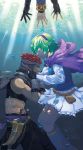  1girl blush book boots cape couple eliwood_(fire_emblem) fire_emblem fire_emblem:_rekka_no_ken gloves green_hair hairband hector_(fire_emblem) hetero highres jaffar_(fire_emblem) lyndis_(fire_emblem) nino_(fire_emblem) p_(panago) purple_hairband red_hair short_hair skirt smile water 