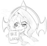  1girl bangs celtic_cross eyebrows_visible_through_hair female greyscale hair_between_eyes holding hood lich_(monster_girl_encyclopedia) monster_girl monster_girl_encyclopedia mug open_mouth smile tagme 