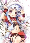  alternate_costume animal_hood arms_up asa_(swallowtail) azur_lane bangs bell blue_hair blush breasts chang_chun_(azur_lane) chinese_clothes commentary_request eyebrows_visible_through_hair fang hair_between_eyes hair_ornament hairclip hood looking_at_viewer navel open_mouth paws red_eyes small_breasts solo tiger_paws 