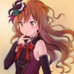  bang_dream! bow bowtie brown_eyes brown_hair closed_mouth finger_to_mouth flower hair_between_eyes hair_flower hair_ornament half_updo imai_lisa long_hair red_neckwear ribbon shati upper_body wavy_hair 