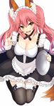  :d animal_ears apron bangs black_legwear blush breasts cleavage commentary eyebrows_visible_through_hair fate/extra fate/grand_order fate_(series) fox_ears fox_shadow_puppet fox_tail frilled_apron frills hair_between_eyes holding kneeling large_breasts long_hair looking_at_viewer open_mouth pink_hair simple_background smile solo sukebewe tail tamamo_(fate)_(all) tamamo_no_mae_(fate) teeth thighhighs tray twintails waist_apron waitress wavy_hair white_background yellow_eyes 