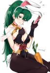  absurdres animal_ears blush breasts bunny_ears bunnysuit commentary fake_animal_ears fire_emblem fire_emblem:_rekka_no_ken fire_emblem_heroes fire_emblem_if gloves green_eyes green_hair high_ponytail highres jewelry kagerou_(fire_emblem_if) large_breasts long_hair looking_at_viewer lyndis_(fire_emblem) ormille pantyhose ponytail simple_background smile solo very_long_hair white_background 