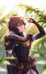  ahoge armor brown_hair coffee_tree fingerless_gloves gloves granblue_fantasy hood hood_down male_focus red_eyes sandalphon_(granblue_fantasy) short_hair solo zinnkousai3850 