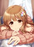 :3 bangs bare_shoulders blush brown_eyes brown_hair brown_sweater curtains detached_sleeves eyebrows_visible_through_hair girl_on_top hair_ornament highres idolmaster idolmaster_cinderella_girls indoors long_hair looking_at_viewer lying moroboshi_kirari no_shoes on_person on_stomach out_of_frame paopao pov ribbed_sweater smile solo_focus star star_hair_ornament striped striped_legwear sweater twitter_username 