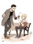  bag bench bespectacled black_hair blonde_hair brown_eyes coat coffee_cup cup directional_arrow disposable_cup english glasses green_eyes male_focus multiple_boys nyarulake otabek_altin shoulder_bag sitting smile yuri!!!_on_ice yuri_plisetsky 