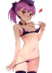  areola_slip areolae bangs bikini bikini_pull black_legwear black_ribbon blush c: closed_mouth collarbone commentary_request cowboy_shot eyebrows_visible_through_hair fate/grand_order fate_(series) flat_chest garrison_cap groin hair_ribbon hat heart helena_blavatsky_(fate/grand_order) helena_blavatsky_(swimsuit_archer)_(fate) highres lifted_by_self looking_at_viewer micro_bikini muoto navel nose_blush ponytail pulled_by_self purple_bikini purple_eyes purple_hair purple_hat ribbon simple_background smile solo standing stomach strap_lift string_bikini swimsuit thighhighs thighs tsurime white_background 