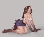 all_fours animal_humanoid anthro breasts clothed clothing equine equine_humanoid esterr_(artist) female hair horse humanoid looking_at_viewer mammal skirt smile solo 