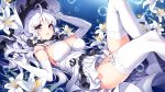 air_bubble anchor azur_lane bangs bare_shoulders blue_eyes blush breasts bubble cleavage commentary_request detached_collar dress elbow_gloves eyebrows_visible_through_hair flower garter_straps gloves hat highres illustrious_(azur_lane) knee_up large_breasts lily_(flower) long_hair looking_at_viewer lying mole mole_under_eye nardack on_back parted_lips short_dress solo strapless strapless_dress thighhighs underwater very_long_hair white_dress white_gloves white_hair white_legwear zettai_ryouiki 