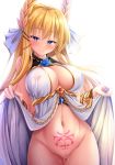  azur_lane bangs bare_shoulders blonde_hair blue_eyes blue_flower blue_rose blush bottomless breasts cleavage closed_mouth covered_nipples dress dress_lift eyebrows_visible_through_hair flower gem groin hair_ornament hair_ribbon half-closed_eyes head_tilt heart heart-shaped_pupils highres hukairi_botan large_breasts laurel_crown long_hair looking_at_viewer navel pubic_tattoo pussy_juice ribbon rose sidelocks simple_background sleeveless solo stomach symbol-shaped_pupils tattoo thighs tsurime underbust veil very_long_hair victorious_(azur_lane) white_background white_dress white_ribbon wrist_ribbon 