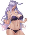  animal_ears bare_shoulders black_bra black_panties bra breasts bunny_ears camilla_(fire_emblem_if) cleavage fire_emblem fire_emblem_heroes fire_emblem_if gtunver hair_over_one_eye large_breasts lips long_hair looking_at_viewer navel panties purple_hair solo stomach underwear undressing 