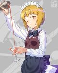 ;( apron bangs blonde_hair bow bowtie closed_mouth commentary_request cutlass_(girls_und_panzer) decantering eyebrows_visible_through_hair girls_und_panzer long_sleeves looking_at_viewer maid_headdress one_eye_closed pairan pouring shirt short_hair solo standing waist_apron yellow_eyes 
