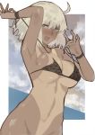  ahoge arm_up bikini bikini_top black_bikini_top bottomless breasts cloud cloudy_sky commentary_request dark_skin day eyebrows_visible_through_hair fate/grand_order fate_(series) hair_between_eyes highres jeanne_d'arc_(alter)_(fate) jeanne_d'arc_(fate)_(all) large_breasts looking_at_viewer nanaya_(daaijianglin) navel ocean one-piece_tan open_mouth shiny shiny_hair shiny_skin short_hair silver_hair sky solo standing swimsuit tan tanline untied untied_bikini water yellow_eyes 