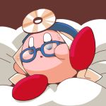  2016 bed blue_eyes blush clothing crepix eyewear glasses head_mirror kirby kirby_(series) nintendo not_furry open_mouth simple_background solo spreading sweat video_games 