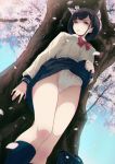  40hara :&lt; bag bare_legs black_hair black_legwear black_skirt blue_sky bow bow_panties bowtie breasts brown_eyes cherry_blossoms commentary_request day disgust from_below gesugao highres kneehighs lifted_by_self long_sleeves looking_at_viewer medium_breasts original outdoors panties red_neckwear school_bag school_uniform serafuku short_hair skirt skirt_lift sky spring_(season) standing tree underwear white_panties 