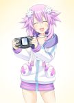  controller d-pad d-pad_hair_ornament game_console game_controller getaro hair_ornament handheld_game_console highres hood hooded_track_jacket hoodie jacket neptune_(choujigen_game_neptune) neptune_(series) nokia_(company) nokia_n-gage purple_hair striped striped_legwear track_jacket 