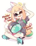  1girl artist_name bad_id bad_twitter_id bike_shorts black_hat black_shirt black_shorts blue_eyes blunt_bangs bobblehat clothes_writing colored_tongue commentary_request cross-laced_footwear dated english_text fangs green_footwear happy_birthday hat indian_style ink_tank_(splatoon) inkling inkling_(language) inkling_girl inkling_player_character jellyfish_(splatoon) long_hair looking_at_viewer one_eye_closed open_mouth orange_eyes orange_tongue pointy_ears sen_squid shirt shoes short_sleeves shorts signature single_vertical_stripe sitting smile sneakers solo splatoon_(series) splatoon_1 star_(symbol) t-shirt tentacle_hair v 