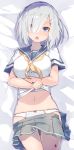  blue_eyes blue_skirt blush breasts collarbone hair_ornament hair_over_one_eye hairclip hamakaze_(kantai_collection) highres kantai_collection large_breasts looking_at_viewer lying meth_(emethmeth) navel on_back on_bed open_mouth panties pleated_skirt school_uniform serafuku short_hair short_sleeves signature silver_hair skirt solo underwear upper_body white_panties 