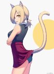  amekaze_yukinatsu animal_ears ass blonde_hair blue_panties breasts cat_ears cat_tail commentary crossed_arms flat_ass from_side hair_ornament highres inconvenient_tail looking_at_viewer looking_to_the_side medium_breasts open_mouth original panties pantyshot red_skirt short_hair short_ponytail simple_background skirt skirt_lift sleeveless solo tail tail_raised underwear x_hair_ornament 