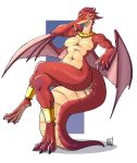  anthro black_sclera breasts dalehan dragon dragon_wings featureless_breasts female front_view muscular muscular_female navel nude red_scales scales scalie sitting sitting_on_tail solo 