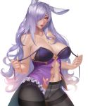  animal_ears bare_shoulders black_legwear breasts bunny_ears cameltoe camilla_(fire_emblem_if) cleavage commentary fire_emblem fire_emblem_heroes fire_emblem_if gtunver hair_over_one_eye large_breasts lips long_hair looking_at_viewer navel panties panties_under_pantyhose pantyhose purple_hair solo stomach underwear undressing 