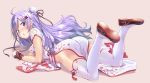  :o ass azur_lane blush breasts china_dress chinese_clothes commentary_request dress floral_print flower_knot hair_bun hair_ornament hairclip highres legs_up long_hair looking_at_viewer lying no_panties on_back open_mouth pelvic_curtain purple_eyes purple_hair red_ribbon ribbon shoe_soles short_sleeves slippers small_breasts solo tassel tenkuu_nozora thighhighs unicorn_(azur_lane) white_dress zettai_ryouiki 