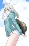  ahoge aqua_eyes blue_sky bow breasts closed_mouth cloud commentary condensation_trail day eromanga_sensei green_hoodie hair_bow hat highres hood hoodie izumi_sagiri large_breasts locks long_hair looking_at_viewer outdoors silver_hair sky solo sun_hat swimsuit tomcat white_bikini_bottom white_bow white_swimsuit 