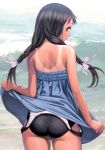  absurdres ass bare_shoulders black_hair blue_dress blush braid brown_eyes cowboy_shot dress dress_lift from_behind hair_over_shoulder hair_ribbon highres long_hair looking_back murata_renji ocean one-piece_swimsuit one-piece_tan original ribbon scan school_swimsuit skirt skirt_lift smile solo standing strapless strapless_dress swimsuit swimsuit_under_clothes tan tanline twin_braids twintails 