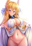  azur_lane bangs bare_shoulders blonde_hair blue_eyes blue_flower blue_rose blush bottomless breasts cleavage closed_mouth commentary_request covered_nipples dress dress_lift eyebrows_visible_through_hair flower gem groin hair_ornament hair_ribbon half-closed_eyes head_tilt highres hukairi_botan large_breasts laurel_crown long_hair looking_at_viewer navel pussy_juice ribbon rose sidelocks simple_background sleeveless solo stomach thighs tsurime underbust veil very_long_hair victorious_(azur_lane) white_background white_dress white_ribbon wrist_ribbon 