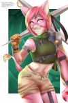  5_fingers anthro breasts digital_media_(artwork) eyelashes feline female hair holding_object holding_weapon kazibug mammal midriff navel pink_eyes pink_hair smile weapon 