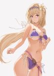  bad_proportions bare_shoulders bikini blonde_hair blue_eyes breasts collarbone commentary_request flower granblue_fantasy grey_background groin hair_flower hair_ornament hana_mori highres jeanne_d'arc_(granblue_fantasy) long_hair looking_at_viewer medium_breasts mouth_hold navel purple_bikini side-tie_bikini simple_background solo swimsuit 