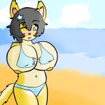  anthro big_breasts bikini black_hair blush breast_expansion breasts cat catsikune catsikune_(character) clothed clothing crossdressing cute feline female fluffy fluffy_tail fur green_eyes hair huge_breasts inflation mammal navel panties pregnant solo swimsuit torn_clothing underwear yellow_fur 