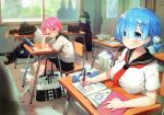  3girls adapted_object alternate_hairstyle ayamy bag blue_eyes blue_hair book breast_rest breasts chair chin_rest classroom cloak closed_mouth contemporary desk emilia_(re:zero) eyebrows_visible_through_hair green_hair green_skin grin hair_ornament hair_over_one_eye hakugei_(re:zero) hidden_face highres indoors jacket large_breasts magic_circle multiple_boys multiple_girls natsuki_subaru open_book petelgeuse_romaneeconti pink_eyes pink_hair pleated_skirt puck_(re:zero) ram_(re:zero) re:zero_kara_hajimeru_isekai_seikatsu rem_(re:zero) school_chair school_desk school_uniform serafuku shoes short_hair short_sidetail sitting skirt smile sneakers socks thighhighs tile_floor tiles track_jacket track_suit translation_request uwabaki white_legwear x_hair_ornament 