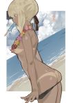  arched_back artoria_pendragon_(all) artoria_pendragon_(swimsuit_rider_alter) ass beach bikini_bottom bikini_pull bikini_tan black_bikini_bottom blonde_hair blue_sky breasts cloud commentary_request cowboy_shot day dutch_angle fate/grand_order fate_(series) flower food food_in_mouth from_behind hair_bun highres long_hair medium_breasts mouth_hold nanaya_(daaijianglin) ocean popsicle shiny shiny_skin skindentation sky solo standing tan tanline topless water yellow_eyes 