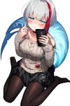  1girl :t admiral_graf_spee_(azur_lane) alternate_costume aran_sweater azur_lane badge bangs black_legwear black_skirt blue_eyes blush breasts button_badge cellphone choker commentary_request dot_nose eyebrows_visible_through_hair fish_tail highres holding holding_phone kinsenka_momi long_sleeves looking_at_viewer medium_breasts multicolored_hair no_shoes o-ring o-ring_choker pantyhose phone playing_with_own_hair pout red_hair short_hair shoulder_cutout sidelocks signature silver_hair simple_background sitting skirt sleeves_past_wrists smartphone solo streaked_hair sweater tail wariza white_background white_sweater 