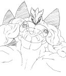  abs back_muscles biceps claws digimon erect_nipples exveemon hatake horn huge_muscles looking_at_viewer male muscular nipples pecs quads scalie sketch smile solo triceps veiny_muscles wings 