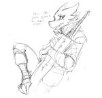  black_and_white claws dialogue female guoh horn kobold melee_weapon monochrome scales scalie simple_background solo sword toe_claws weapon 