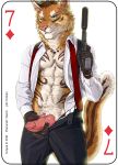  2018 abs anthro athletic brown_hair canine card clothed clothing digital_media_(artwork) erection feline fonyaa fur gloves green_eyes gun hair handgun hi_res holding_object holding_weapon hybrid knot male mammal markings necktie pecs penis playing_card pointy_ears ranged_weapon simple_background solo standing stripes sverre_(tigerlover1) text tiger watch weapon wolf 