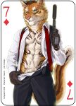  2018 abs anthro athletic canine card clothed clothing digital_media_(artwork) feline fonyaa fur gloves gun hair handgun hi_res holding_object holding_weapon hybrid male mammal necktie pecs playing_card pointy_ears ranged_weapon silencer simple_background solo standing sverre_(tigerlover1) text tiger weapon wolf 