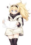  ass_visible_through_thighs backpack bag black_legwear black_panties blonde_hair blue_eyes cowboy_shot gambier_bay_(kantai_collection) hair_between_eyes kantai_collection long_hair map_(object) nikoo open_mouth panties pantyshot side_ponytail simple_background solo squiggle standing thighhighs twitter_username underwear white_background white_coat 