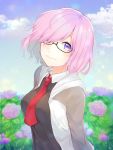  black-framed_eyewear black_dress breasts cloud cloudy_sky collar commentary_request day dress fate/grand_order fate_(series) floral_background glasses hair_over_one_eye highres jacket looking_at_viewer mash_kyrielight medium_breasts mizuiro_32 necktie pink_hair purple_eyes red_neckwear short_hair sky smile solo 
