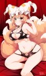  :&lt; arm_under_breasts artist_name bangs bare_arms bare_legs bare_shoulders bikini black_bikini breast_hold breasts cleavage commentary_request dated fox_tail halter_top halterneck hat heart large_breasts light_brown_hair looking_at_viewer multiple_tails navel ofuda pillow_hat shiny shiny_clothes short_hair signature sitting skindentation solo sweatdrop swimsuit tail tassel touhou white_hat wildcat_(kusonemi) yakumo_ran yellow_eyes 