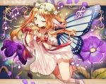  ;) animal_ears ankle_cuffs anklet bare_shoulders barefoot beamed_eighth_notes blonde_hair bow bracelet butterfly_wings detached_sleeves dress flower full_body green_eyes head_wreath instrument jewelry long_hair looking_at_viewer mizita musical_note ocarina one_eye_closed original puffy_short_sleeves puffy_sleeves purple_flower red_bow short_sleeves smile solo treble_clef white_dress wings 