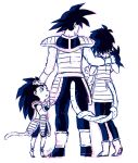  1girl 3boys aonik armor baby bardock black_eyes black_hair boots child dragon_ball dragonball_z eyebrows female gine long_hair matching_hair/eyes monkey_tail multiple_boys raditz shoulder_pads simple_background son_gokuu spiked_hair tail white_background white_boots 