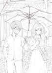  1girl akashi_(yojouhan) bag cowboy_shot drawfag flower glasses greyscale house monochrome outdoors shared_umbrella short_hair short_sleeves shoulder_bag sketch umbrella watashi yojouhan_shinwa_taikei 